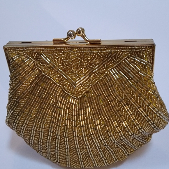 EVENING BAG 1970s HAND BEADED GOLD + CONVERTIBLE SHOULDER SNAKE CHAIN NWOT MINT - Picture 4 of 14